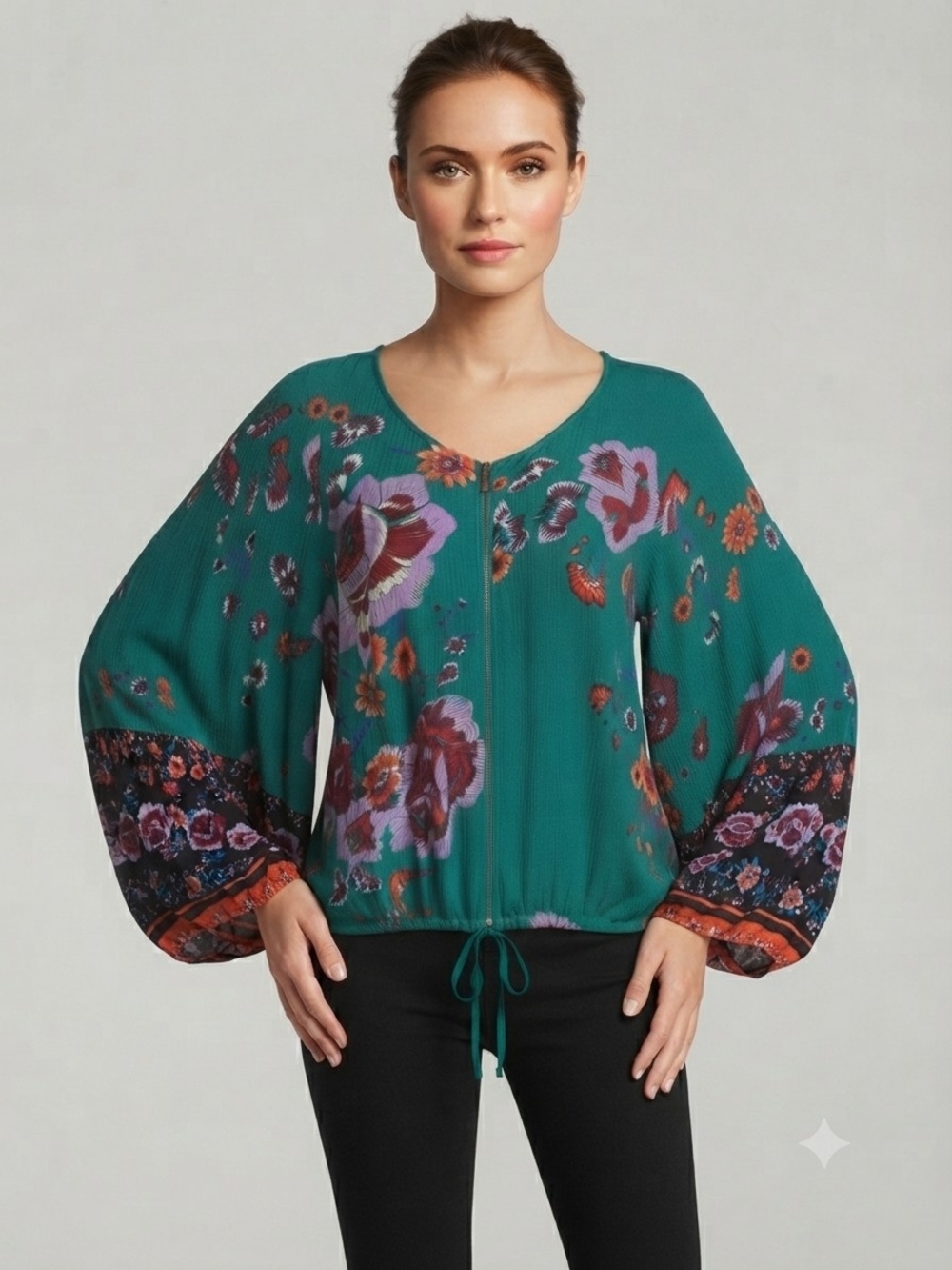 Xhilaration Teal Boho Floral Kimono Sleeve Rayon Blouse Size S